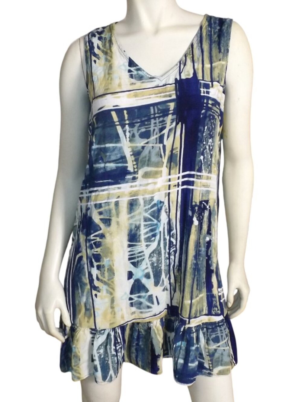 JAMS WORLD Mini dress, L, Gemini Tank, Blue Print, Geometric, Ruffle Hem Rayon
